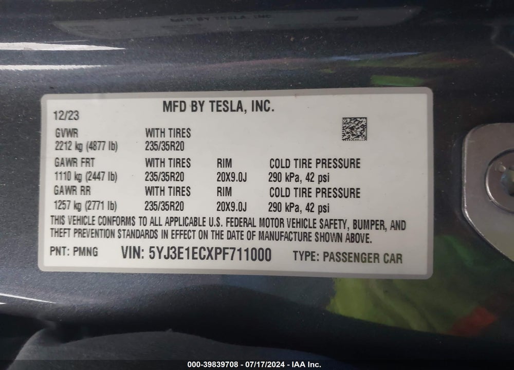 2023 TESLA MODEL 3 PERFORMANCE DUAL MOTOR ALL-WHEEL DRIVE VIN: 5YJ3E1ECXPF711000