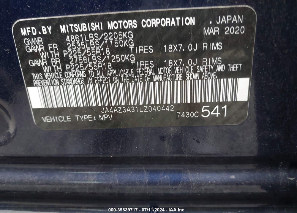 2020 MITSUBISHI OUTLANDER ES 2.4 S-AWC/LE 2.4 S-AWC/SE 2.4 S-AWC/SEL 2.4 S-AWC/SP 2.4 S-AWC VIN: JA4AZ3A31LZ040442