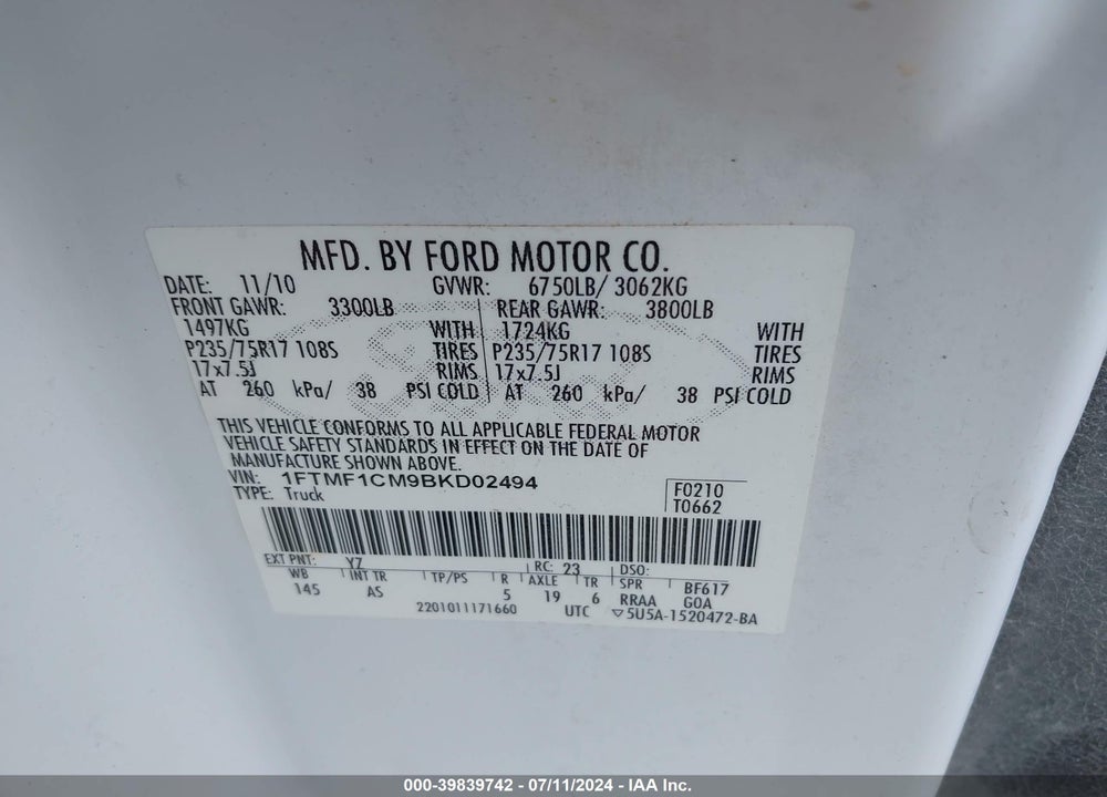 2011 FORD F-150 XL VIN: 1FTMF1CM9BKD02494