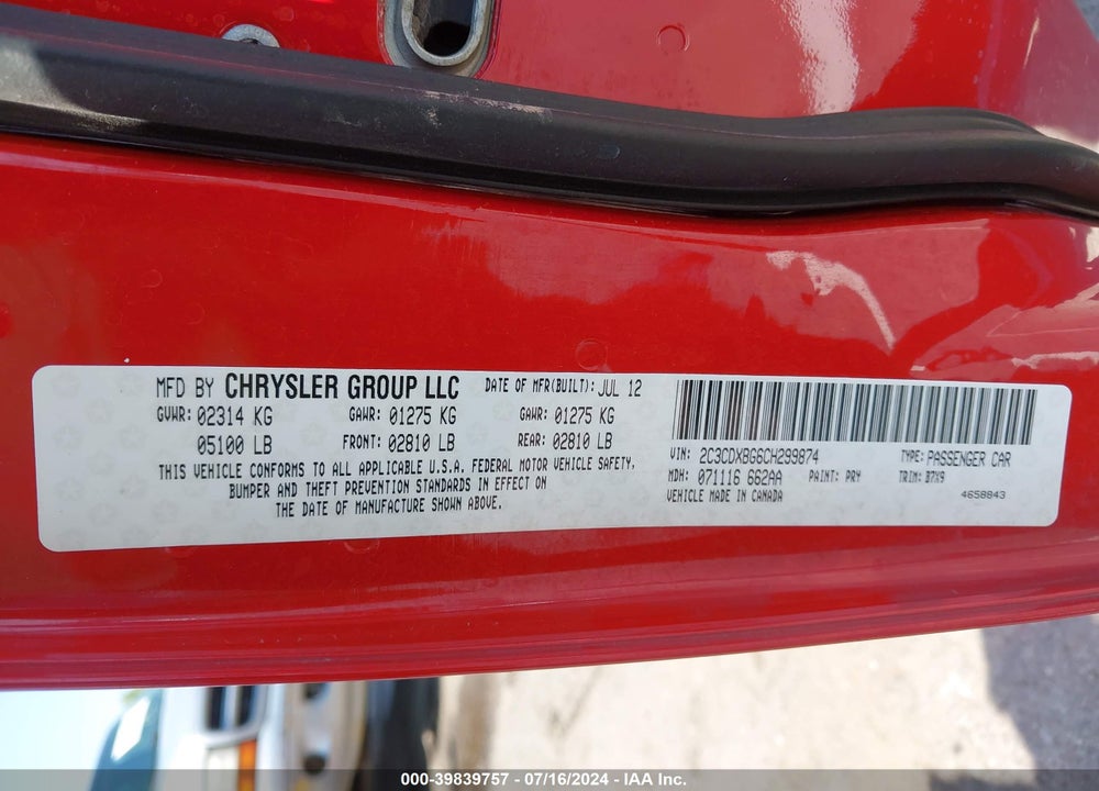 2012 DODGE CHARGER SE VIN: 2C3CDXBG6CH299874
