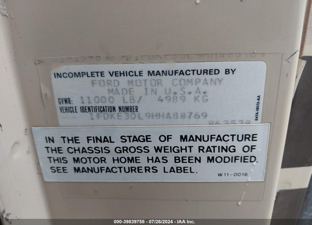 1987 FORD ECONOLINE E350 CUTAWAY VAN VIN: 1FDKE30L9HHA88769