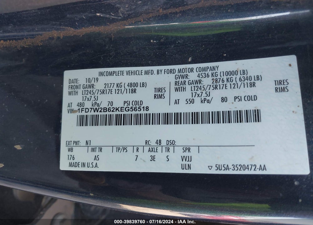 2019 FORD F-250 XL VIN: 1FD7W2B62KEG56518