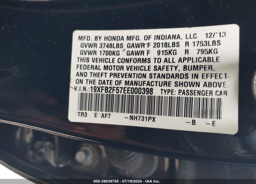 2014 HONDA CIVIC LX VIN: 19XFB2F57EE000398