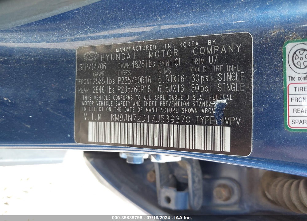 2007 HYUNDAI TUCSON LIMITED/SE VIN: KM8JN72D17U539370