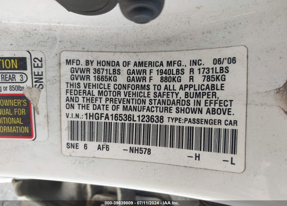 2006 HONDA CIVIC LX VIN: 1HGFA16536L123638