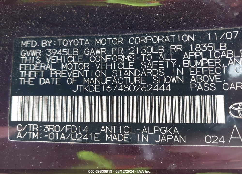 2008 SCION TC VIN: JTKDE167480262444