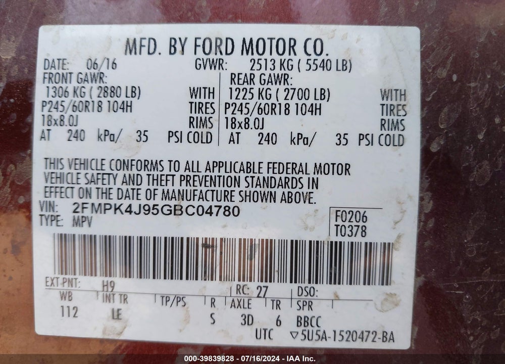 2016 FORD EDGE SEL VIN: 2FMPK4J95GBC04780