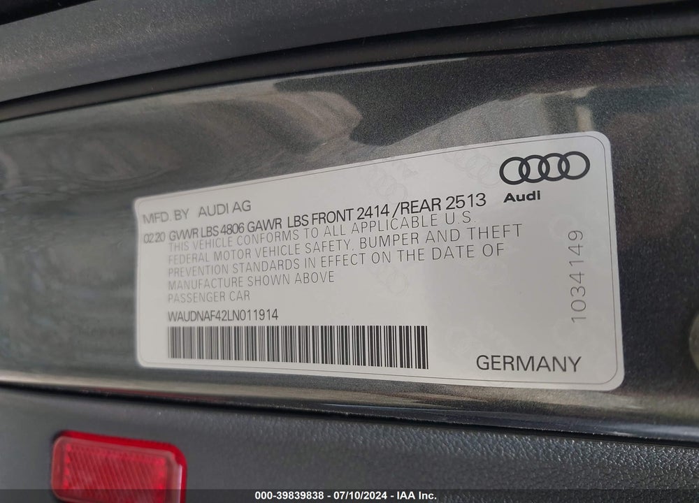 2020 AUDI A4 PREMIUM 45 TFSI QUATTRO S TRONIC VIN: WAUDNAF42LN011914