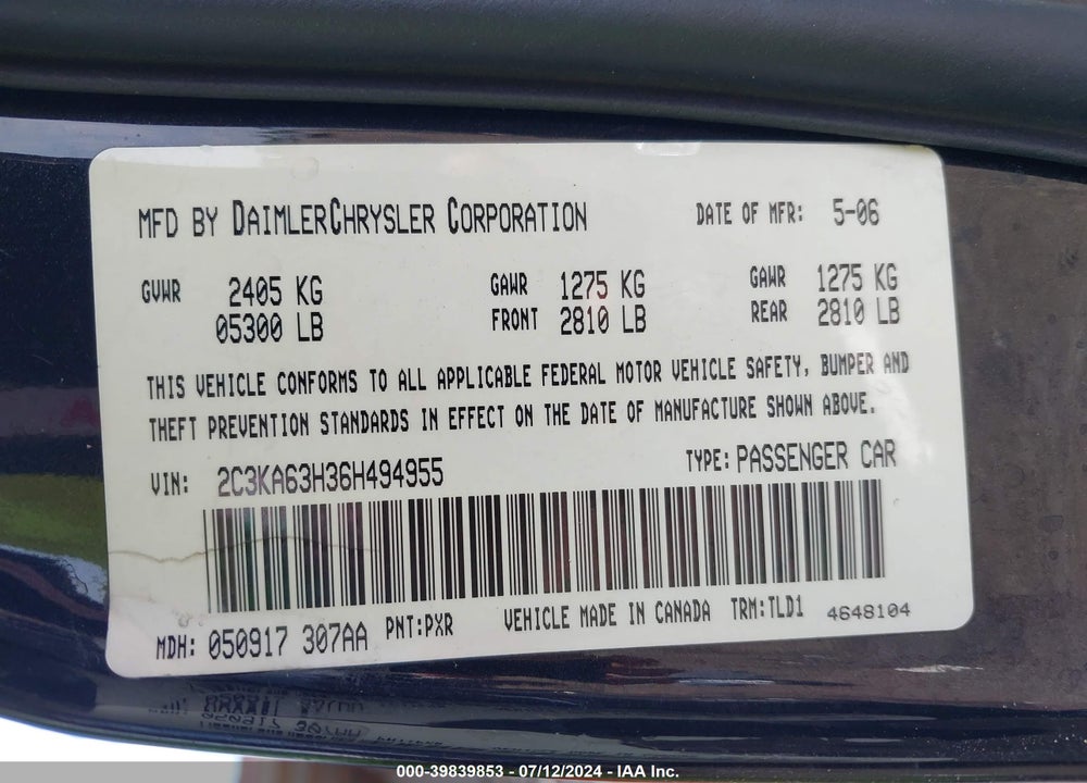 2006 CHRYSLER 300C VIN: 2C3KA63H36H494955