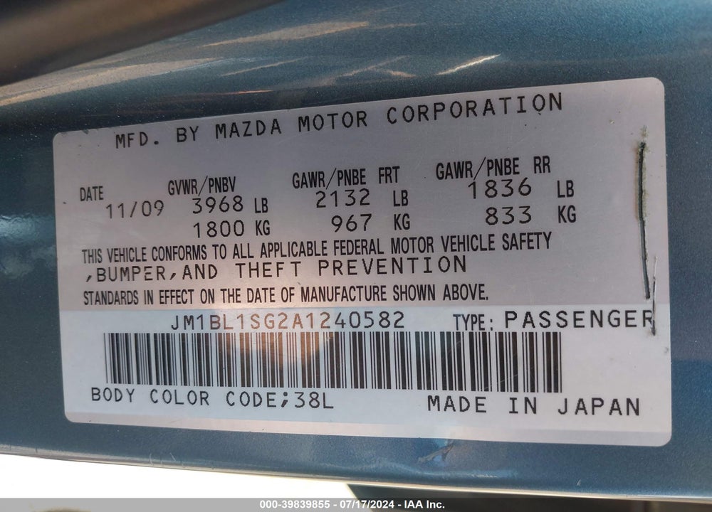 2010 MAZDA 3 I SPORT VIN: JM1BL1SG2A1240582