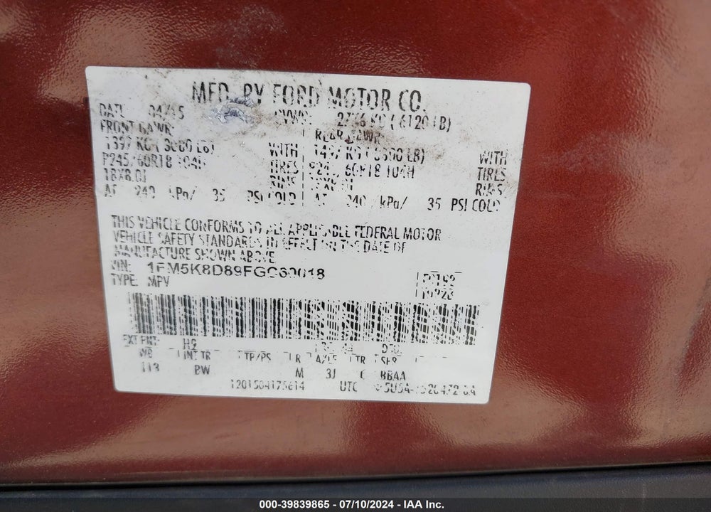 2015 FORD EXPLORER XLT VIN: 1FM5K8D89FGC60018