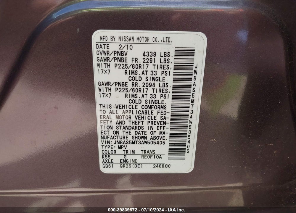 2010 NISSAN ROGUE SL VIN: JN8AS5MT3AW505405