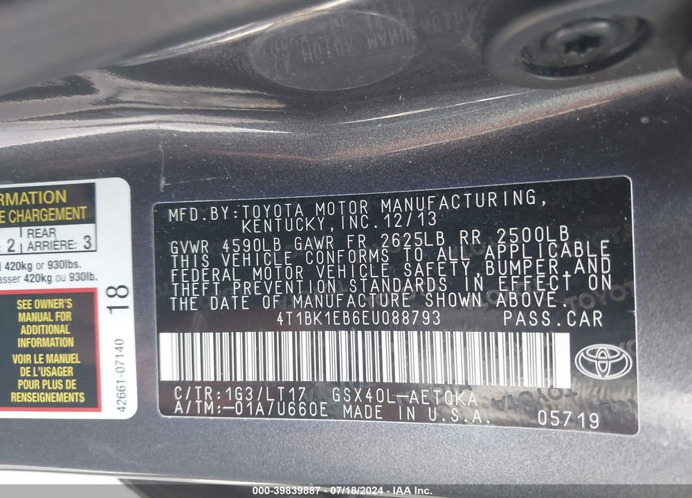 2014 TOYOTA AVALON XLE TOURING VIN: 4T1BK1EB6EU088793