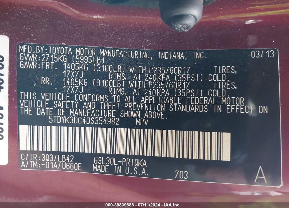 2013 TOYOTA SIENNA XLE V6 8 PASSENGER VIN: 5TDYK3DC4DS354982