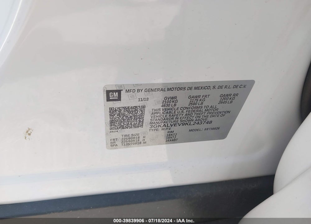 2019 GMC TERRAIN SLT VIN: 3GKALVEV9KL243748