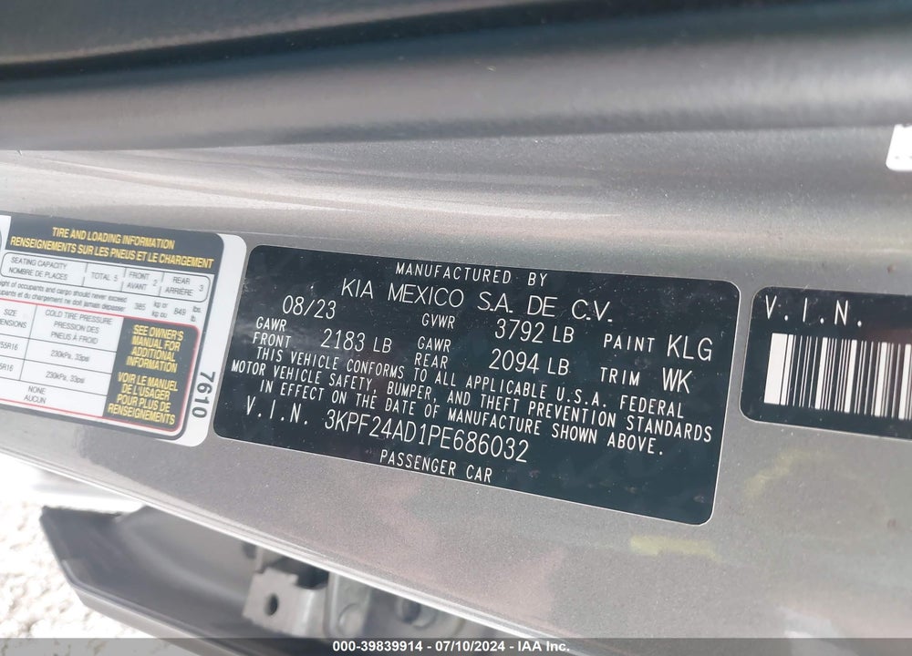 2023 KIA FORTE LXS VIN: 3KPF24AD1PE686032