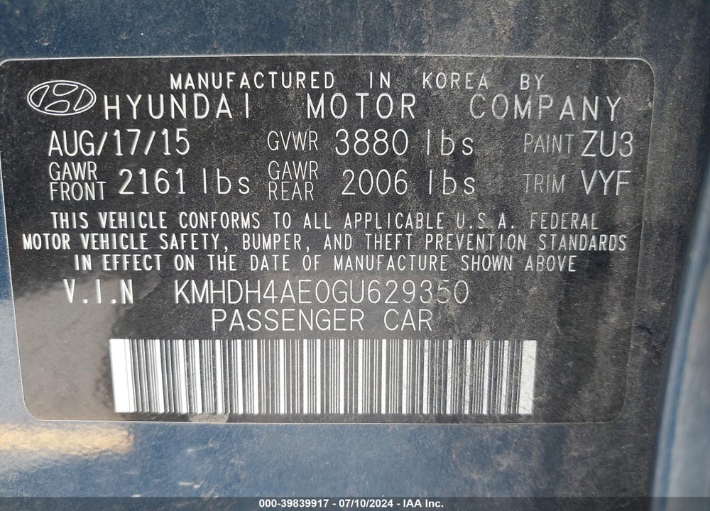 2016 HYUNDAI ELANTRA VALUE EDITION VIN: KMHDH4AE0GU629350