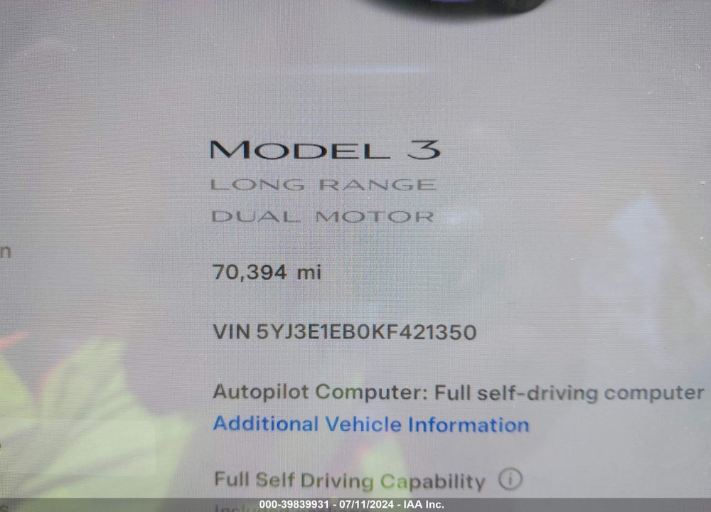 2019 TESLA MODEL 3 LONG RANGE/PERFORMANCE VIN: 5YJ3E1EB0KF421350