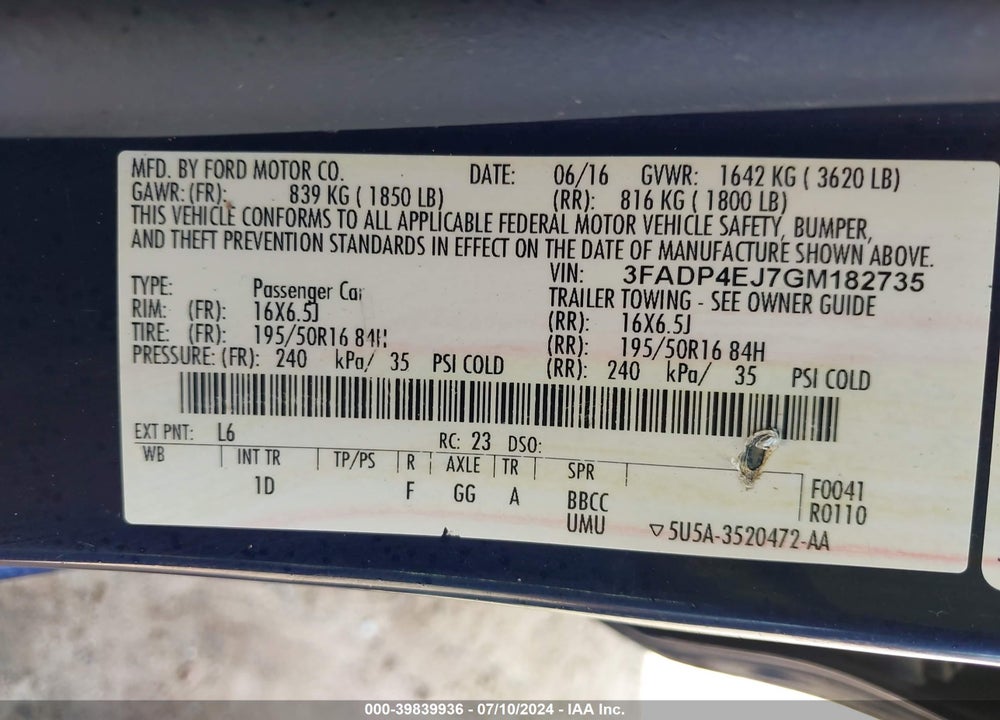 2016 FORD FIESTA SE VIN: 3FADP4EJ7GM182735