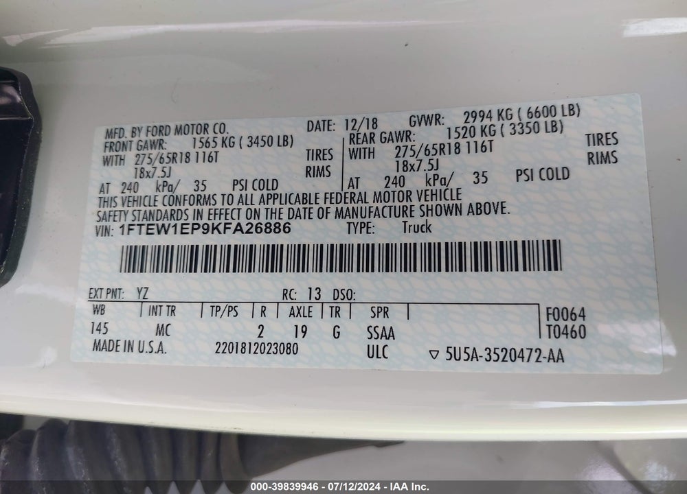 2019 FORD F-150 XLT VIN: 1FTEW1EP9KFA26886
