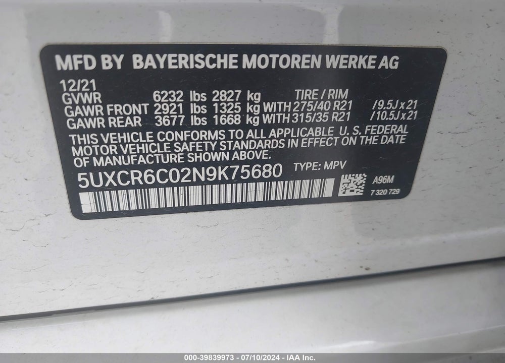 2022 BMW X5 XDRIVE40I VIN: 5UXCR6C02N9K75680