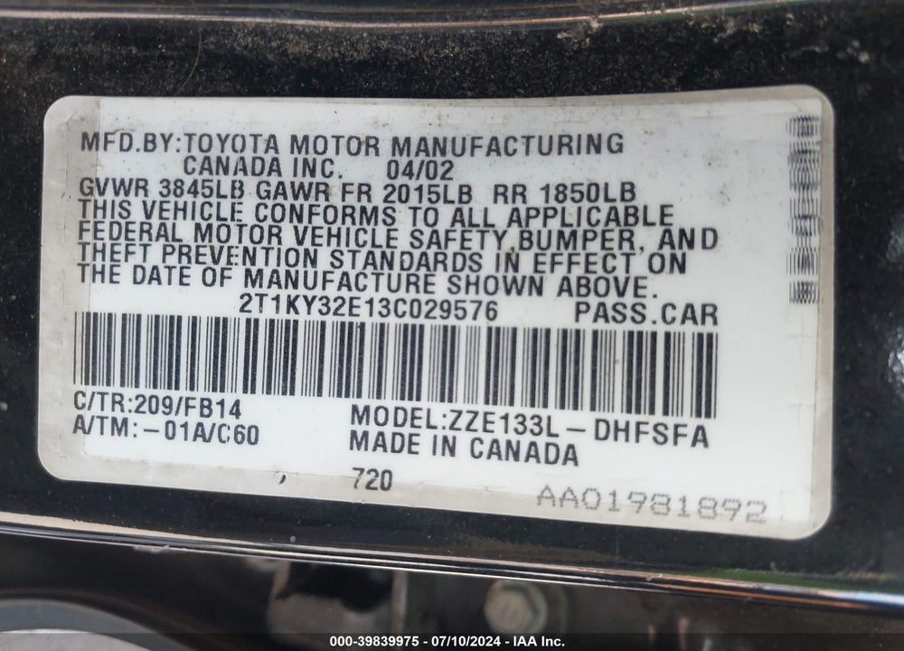 2003 TOYOTA MATRIX XRS VIN: 2T1KY32E13C029576