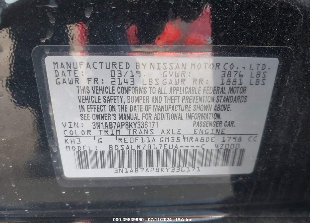2019 NISSAN SENTRA SR VIN: 3N1AB7AP8KY336171