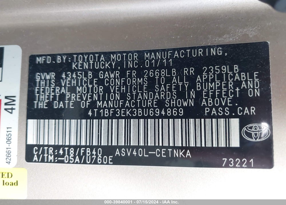 2011 TOYOTA CAMRY LE VIN: 4T1BF3EK3BU694869