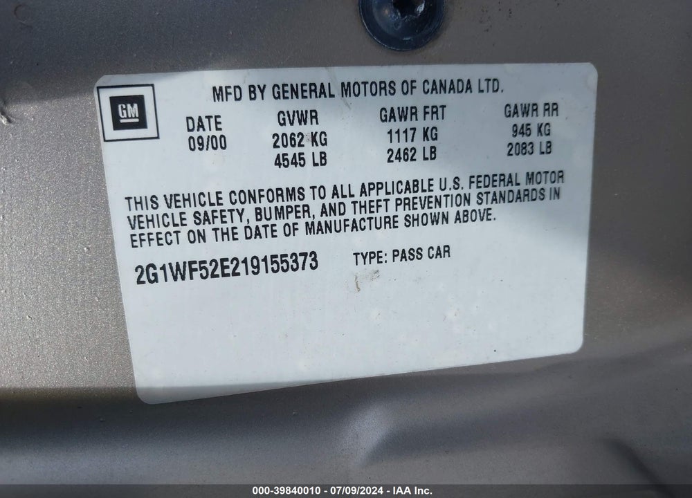 2001 CHEVROLET IMPALA VIN: 2G1WF52E219155373