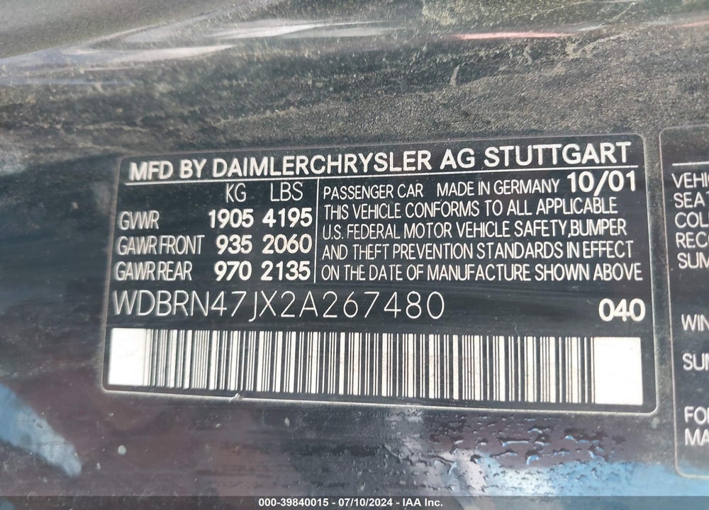 2002 MERCEDES-BENZ C 230 VIN: WDBRN47JX2A267480