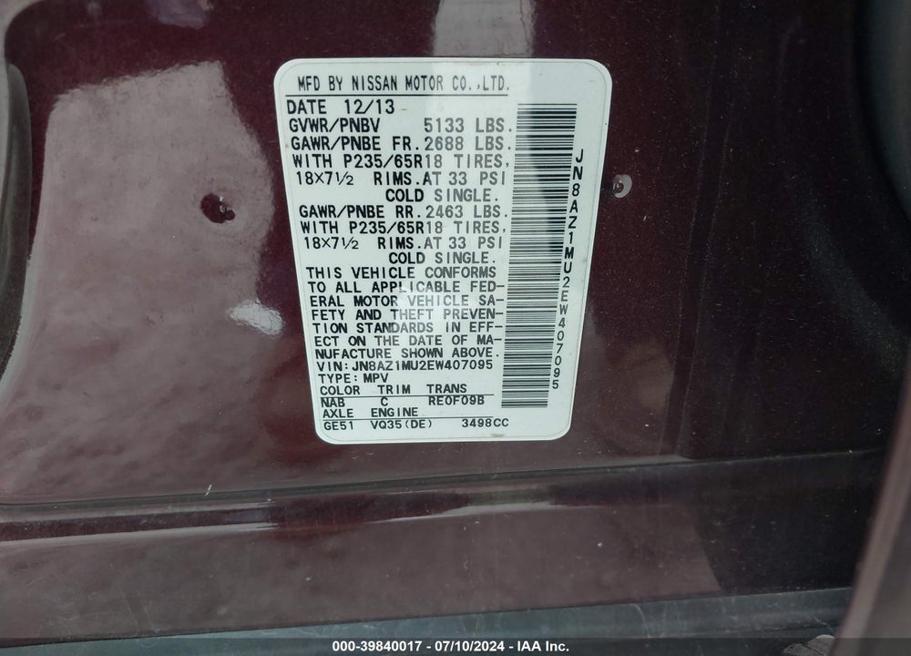 2014 NISSAN MURANO VIN: JN8AZ1MU2EW407095