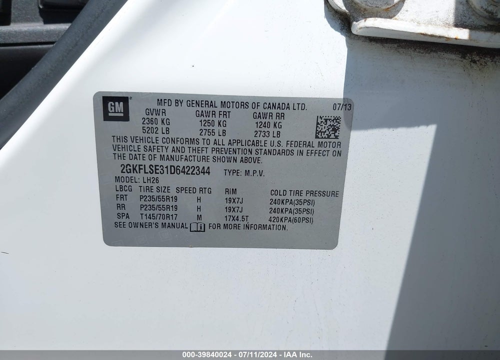 2013 GMC TERRAIN SLE-2 VIN: 2GKFLSE31D6422344