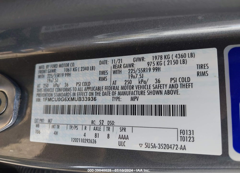 2021 FORD ESCAPE SE VIN: 1FMCU0G6XMUB33936