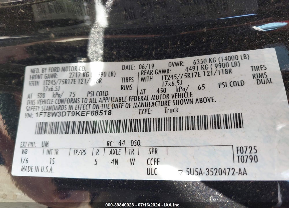 2019 FORD F-350 XL VIN: 1FT8W3DT9KEF68518