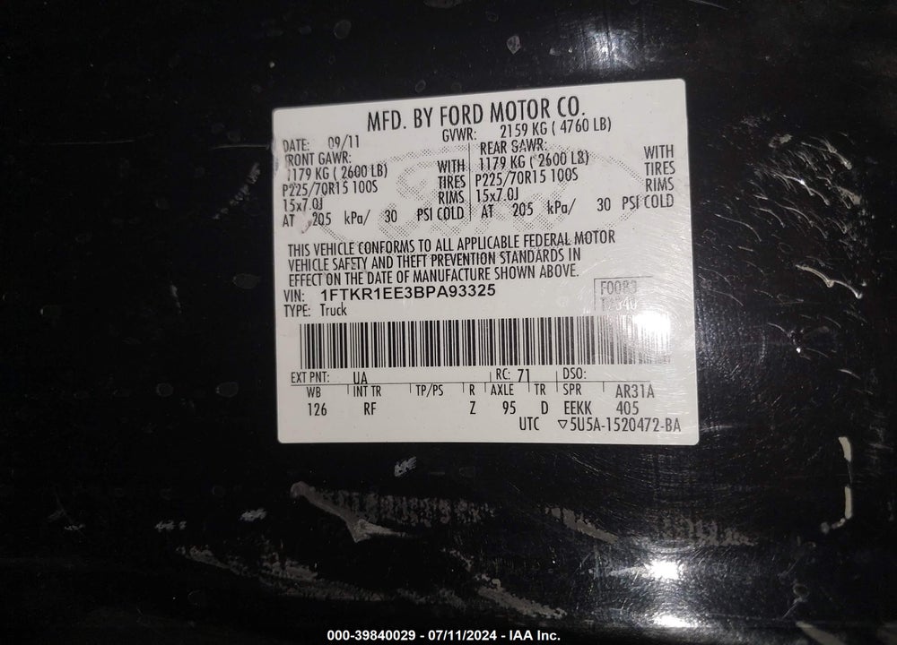 2011 FORD RANGER XLT VIN: 1FTKR1EE3BPA93325
