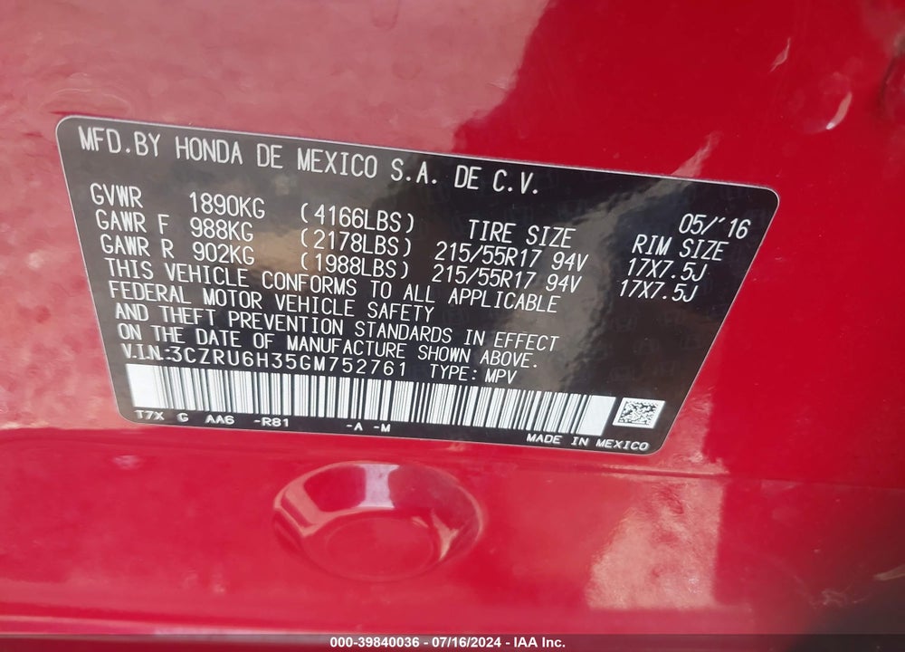 2016 HONDA HR-V LX VIN: 3CZRU6H35GM752761