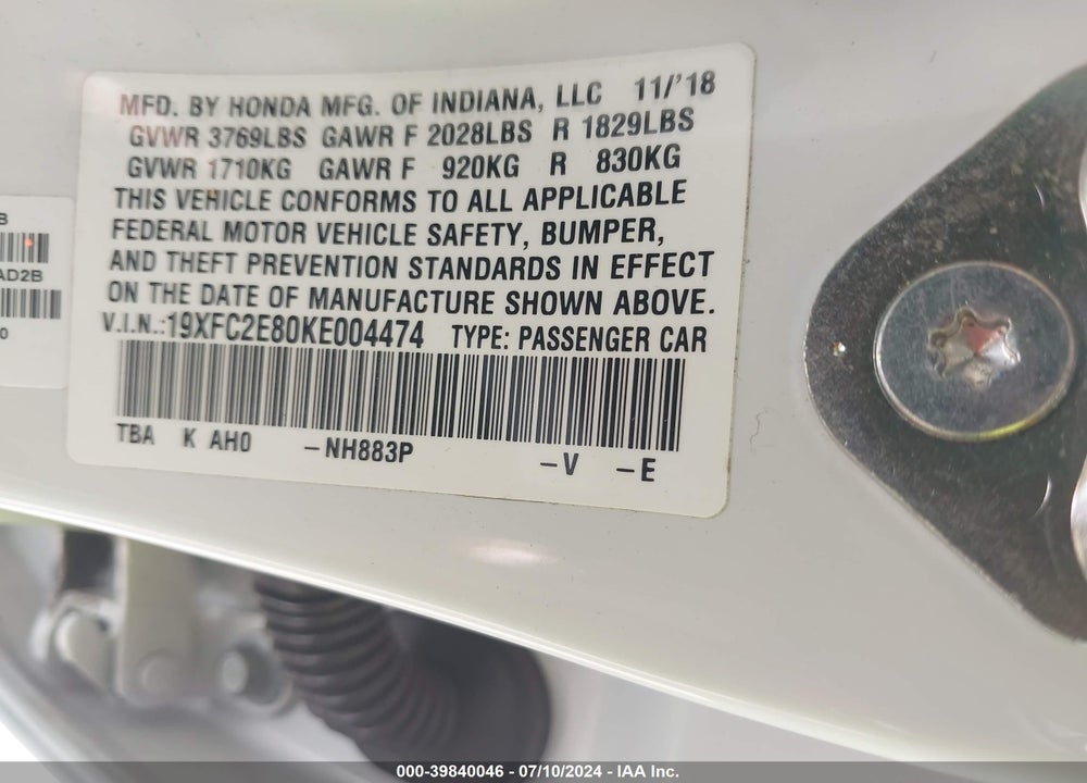 2019 HONDA CIVIC SPORT VIN: 19XFC2E80KE004474