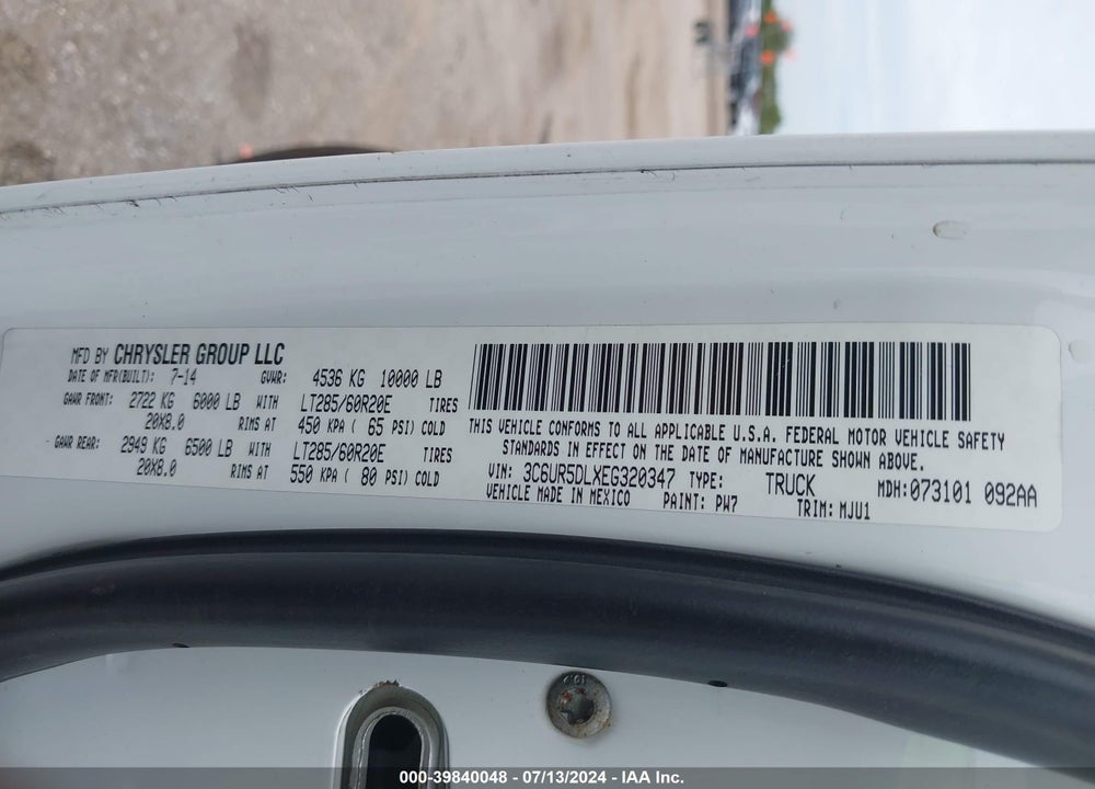 2014 RAM 2500 LONE STAR VIN: 3C6UR5DLXEG320347