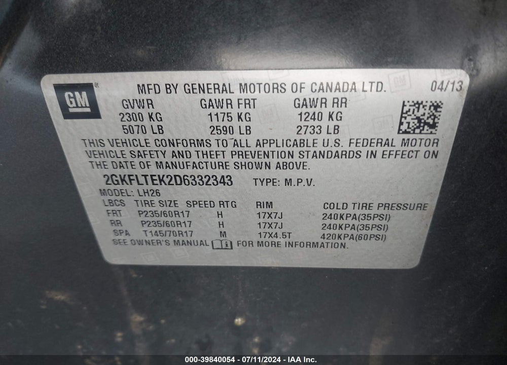 2013 GMC TERRAIN SLE-2 VIN: 2GKFLTEK2D6332343
