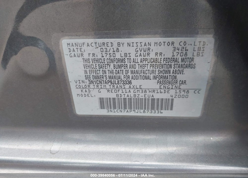 2018 NISSAN VERSA 1.6 SV VIN: 3N1CN7AP9JL873336