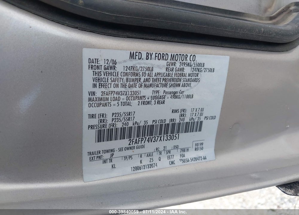 2007 FORD CROWN VICTORIA LX VIN: 2FAFP74V37X133051