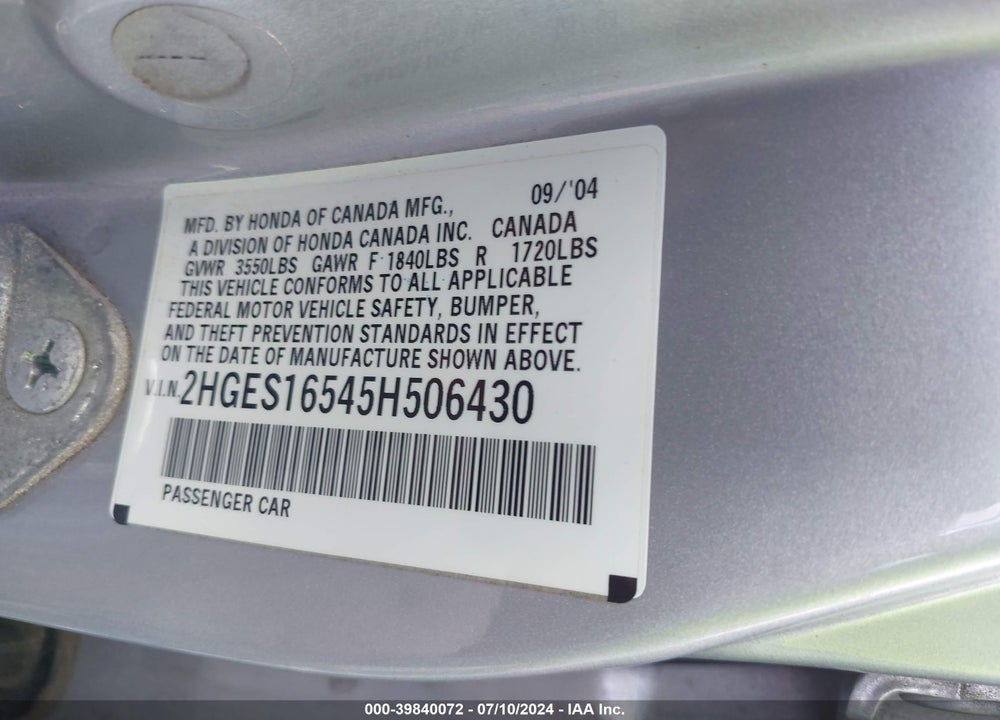 2005 HONDA CIVIC LX VIN: 2HGES16545H506430