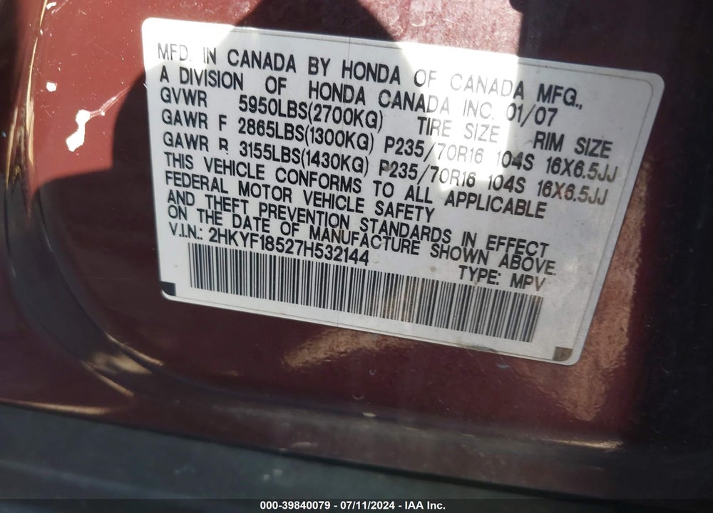 2007 HONDA PILOT EX-L VIN: 2HKYF18527H532144
