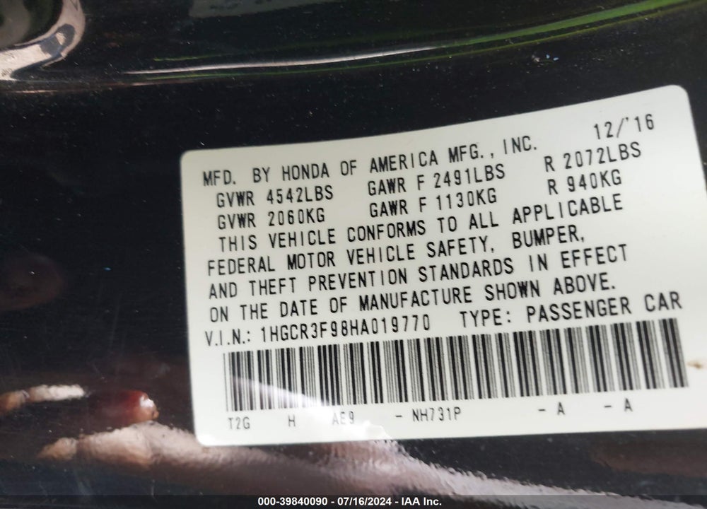 2017 HONDA ACCORD TOURING V6 VIN: 1HGCR3F98HA019770