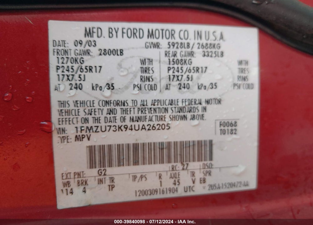 2004 FORD EXPLORER NBX/XLT VIN: 1FMZU73K94UA26205
