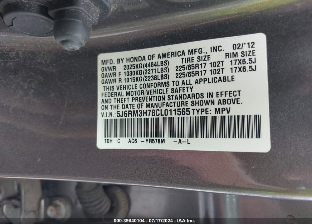 2012 HONDA CR-V EX-L VIN: 5J6RM3H78CL011565