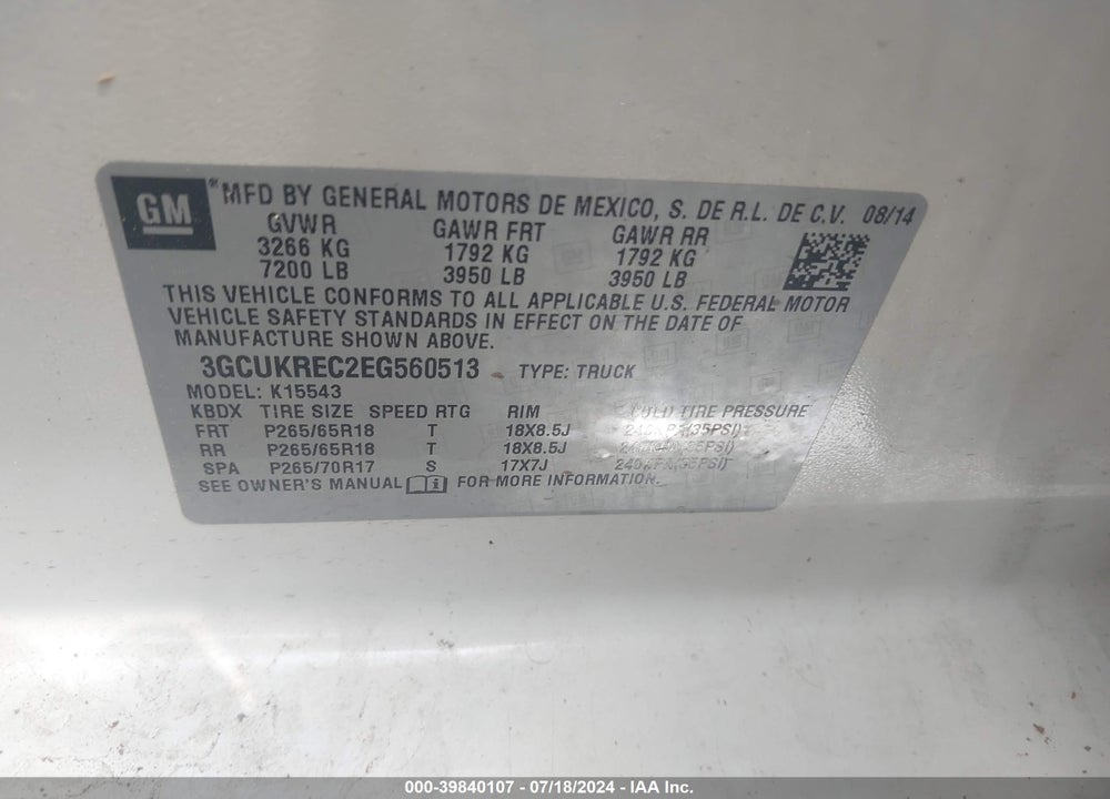 2014 CHEVROLET SILVERADO 1500 2LT VIN: 3GCUKREC2EG560513