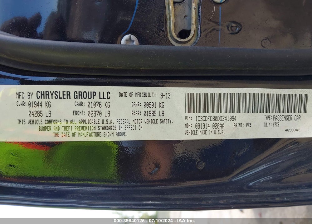 2013 DODGE DART GT VIN: 1C3CDFCB0DD341094
