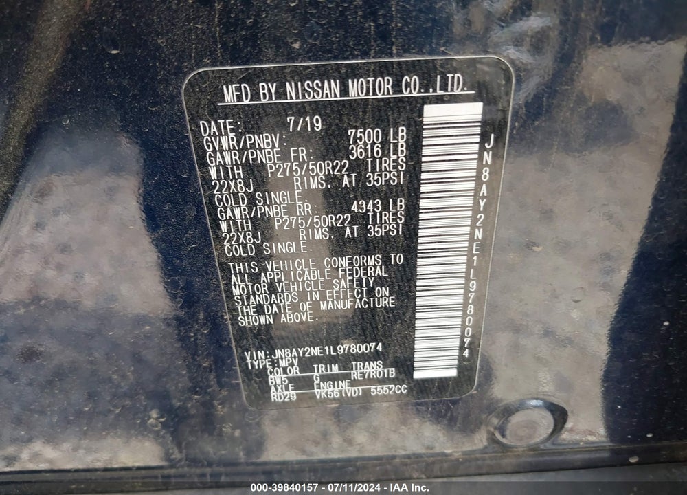 2020 NISSAN ARMADA PLATINUM 4WD VIN: JN8AY2NE1L9780074