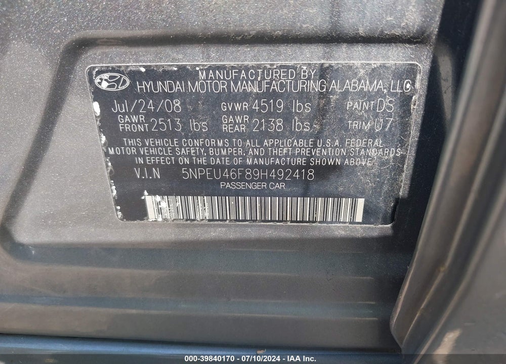 2009 HYUNDAI SONATA SE V6 VIN: 5NPEU46F89H492418